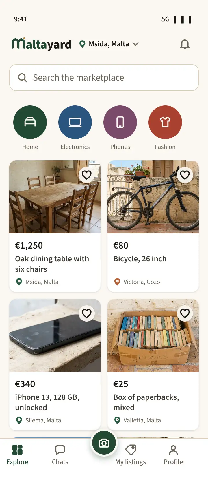 Maltayard's Explore screen: Msida as your locality, a search bar and the categories Home, Electronics, Phones and Fashion